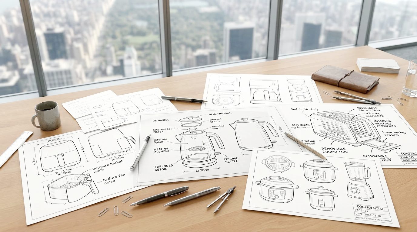 Product engineering sketches on conference table